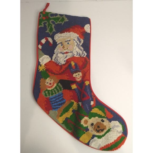 Vintage Needlepoint Santa Christmas Stocking 18" w/ Toys & Teddy Bear - Picture 2 of 8